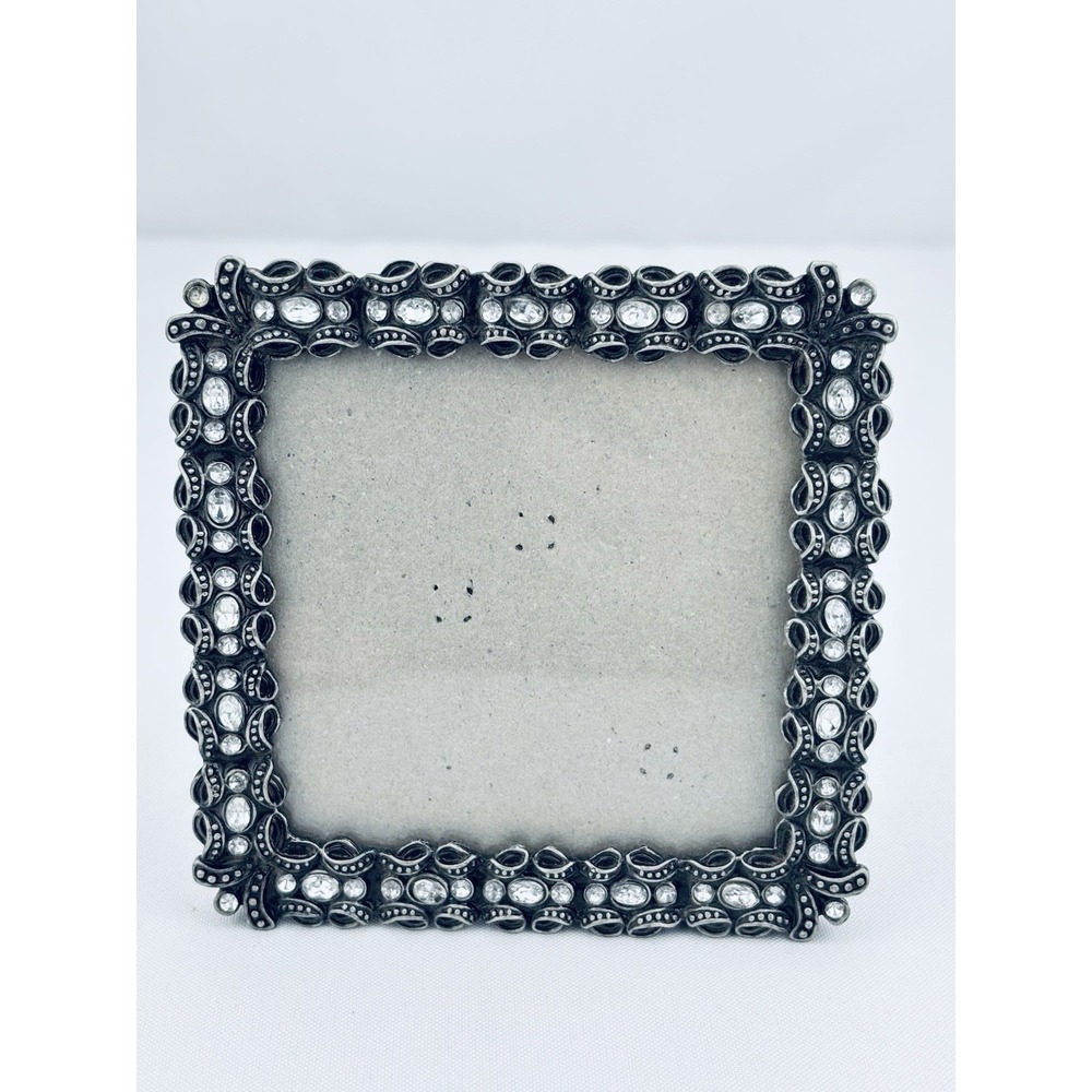 Square Pewter Picture Frame Silver Bow Design Rhinestones Tabletop Shelf Decor